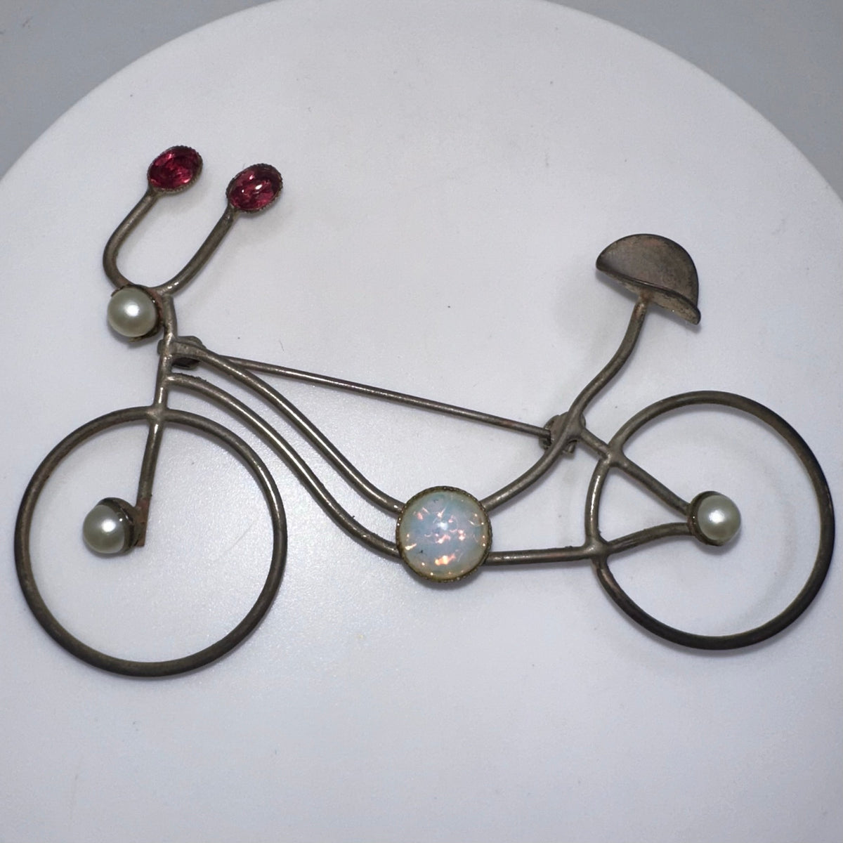 Vintage antique silver tone opalite glass red rhinestones bicycle bike brooch