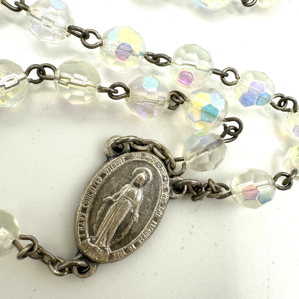 Italy silver tone clear glass AB aurora borealis beaded Catholic rosary necklace