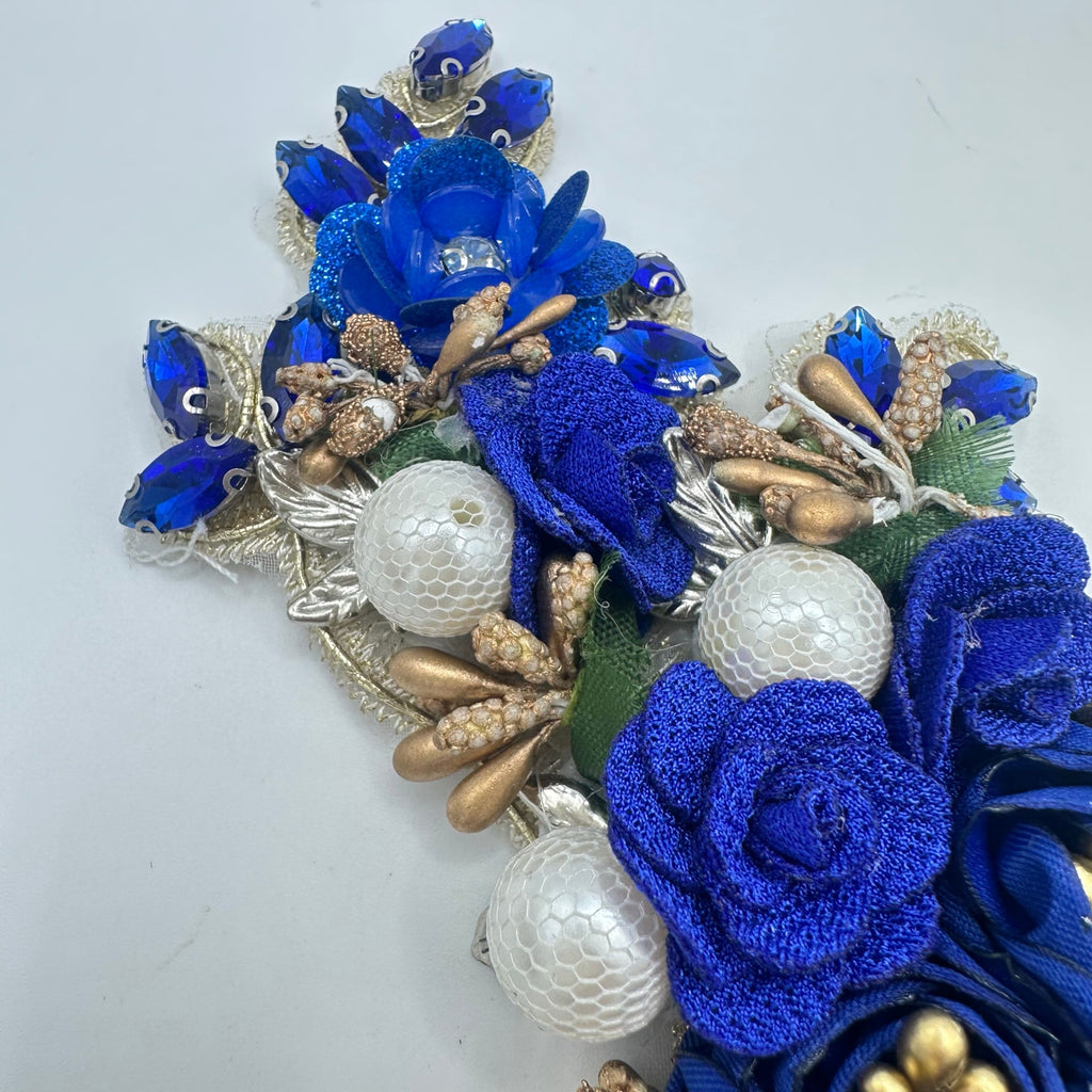 Massive large gold tone blue roses rhinestones pearls beaded sewing applique