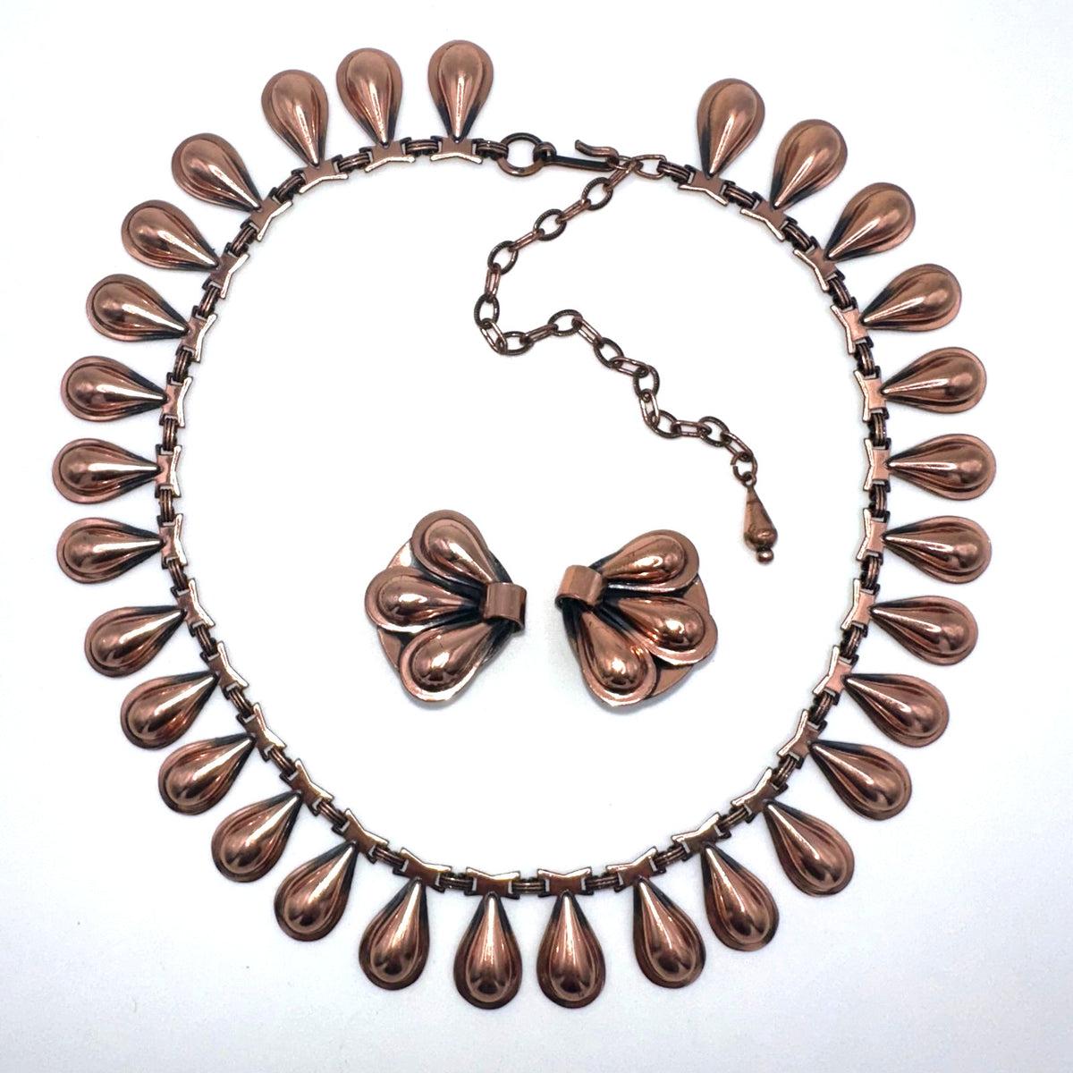Ramé vintage solid copper modernist teardrop necklace clip on earrings set