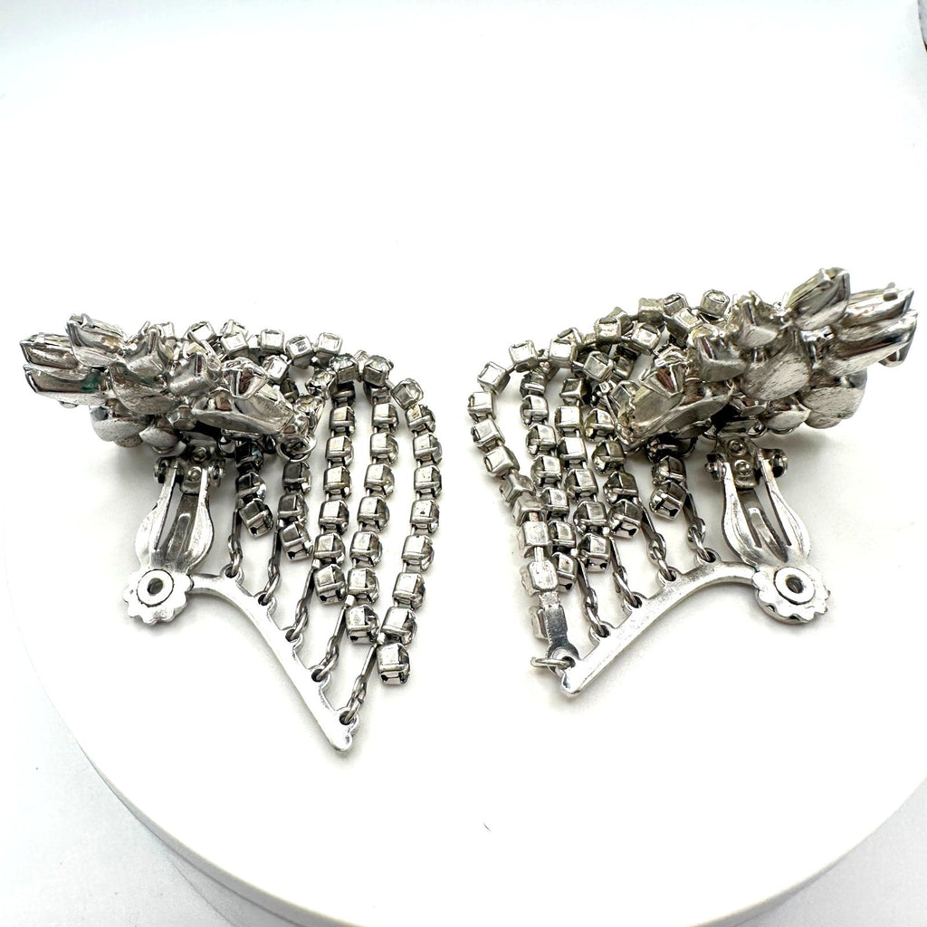 Vintage silver tone clear rhinestones swag chains fringe clip on earrings
