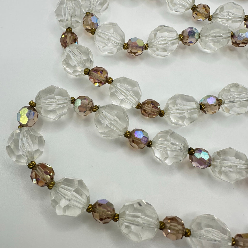 Vintage peach aurora borealis AB glass clear lucite beads beaded 32" necklace