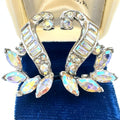 Vintage silver tone AB aurora borealis rhinestones scrolled clip on earrings