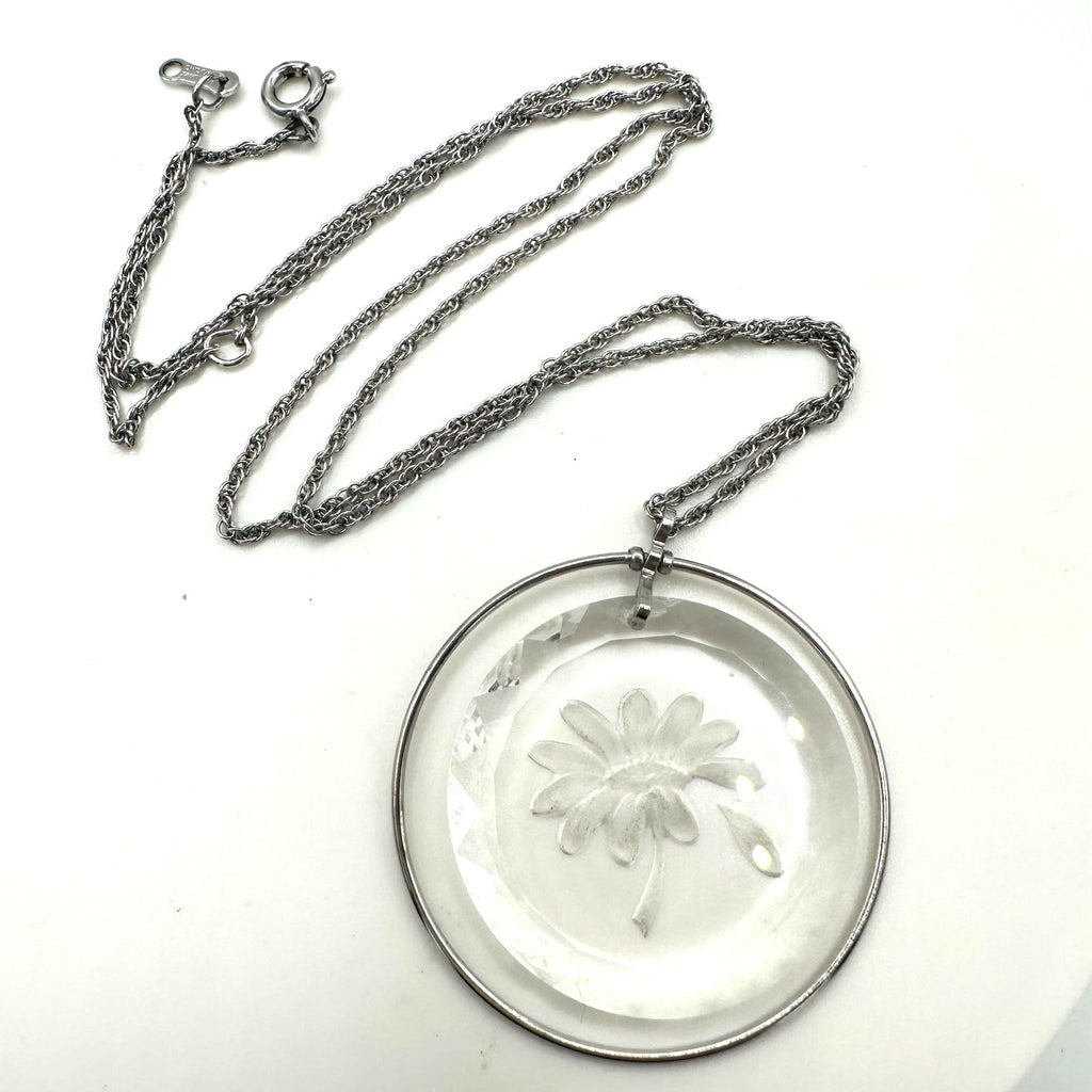 Hallmark vintage silver tone reverse cut crystal flower intaglio cameo necklace