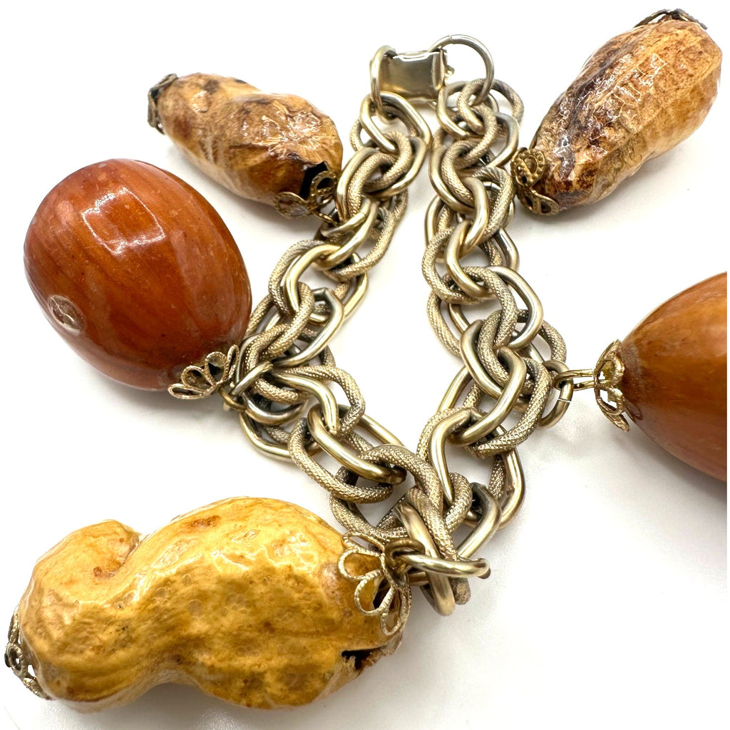 Vintage gold tone real peanuts chestnuts chunky statement chain charms bracelet