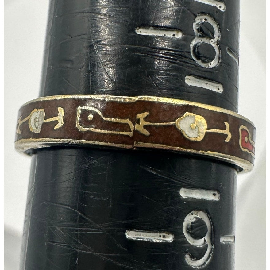 Vintage handmade gold tone brown red cream cloisonné enamel ring size 8.5