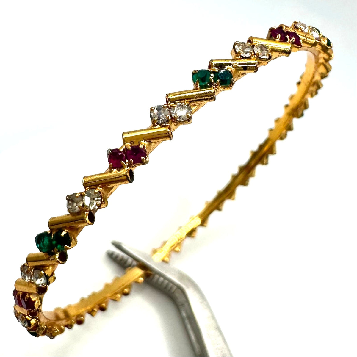 Indian gold plated real rubies clear green CZ bangle bracelet size 2.2 X small