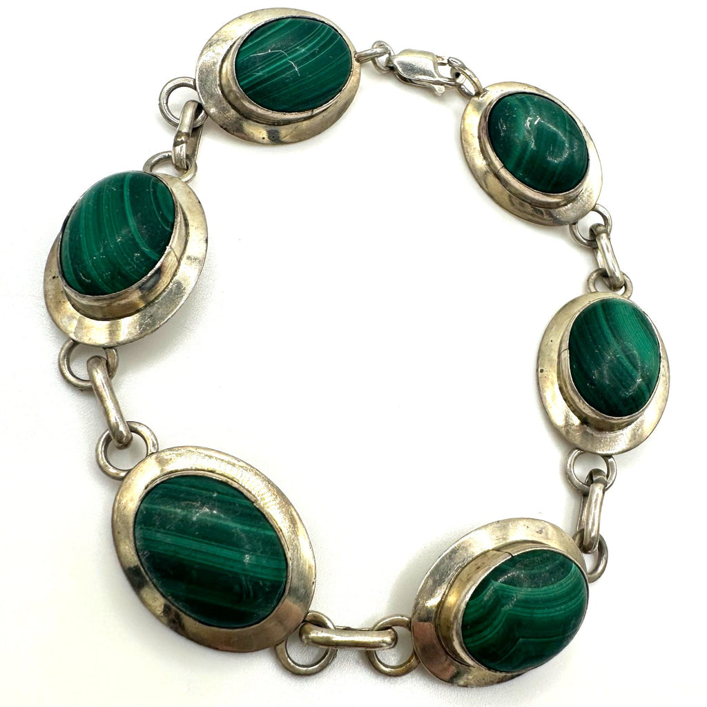 Vintage 925 sterling silver 6 genuine green malachite cabochons bracelet 8"