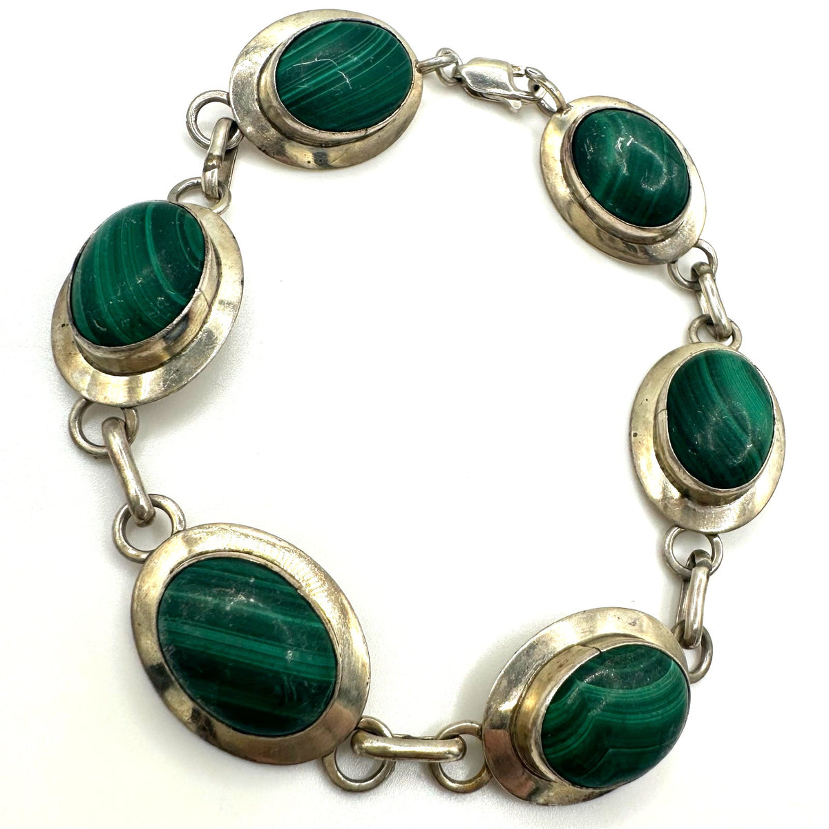 Vintage 925 sterling silver 6 genuine green malachite cabochons bracelet 8"
