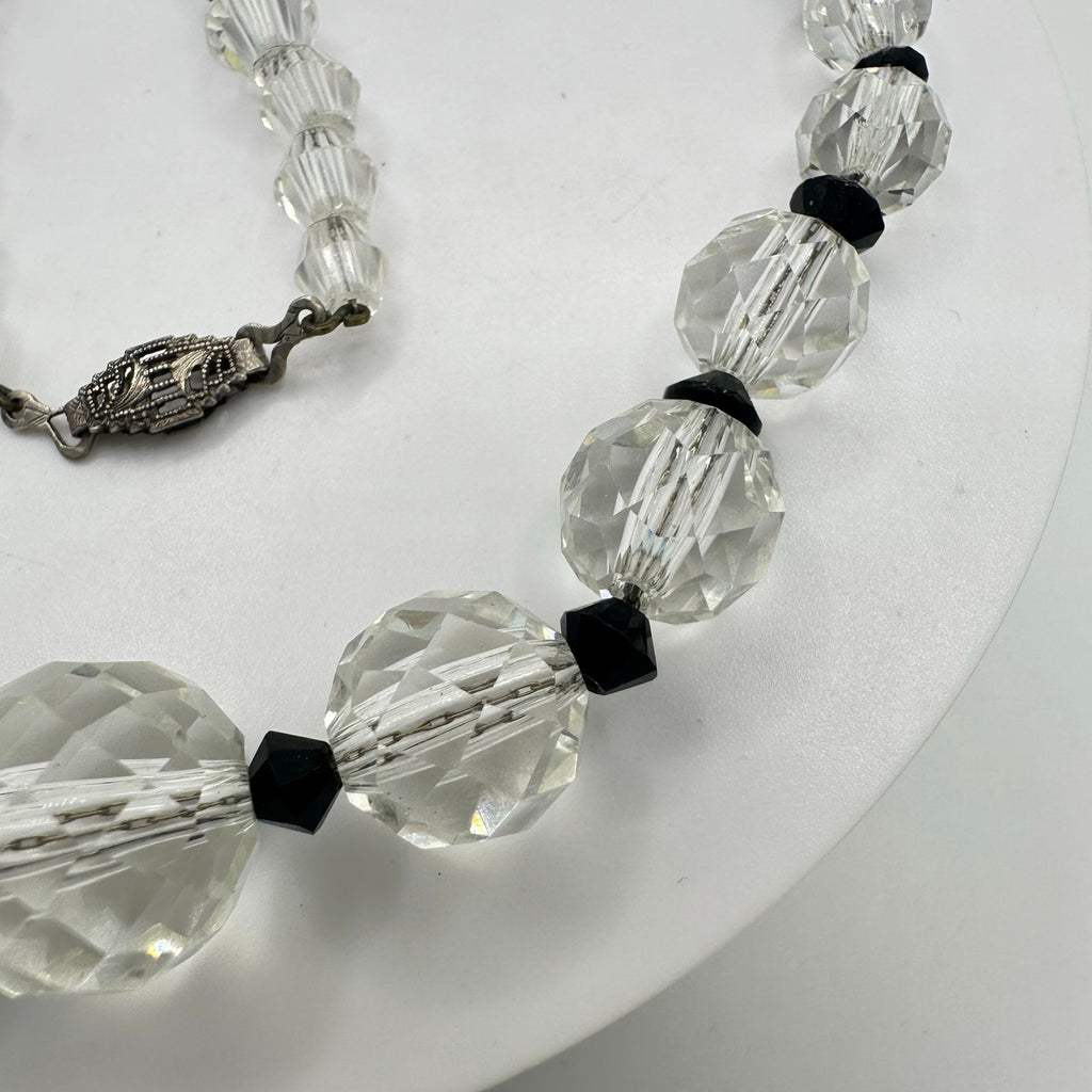Antique Art Deco 1930s clear black Czech glass beads beaded graduated necklace