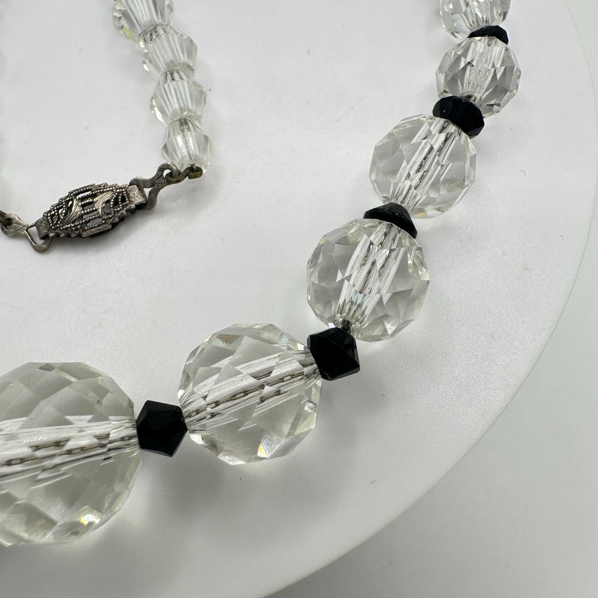 Antique Art Deco 1930s clear black Czech glass beads beaded graduated necklace