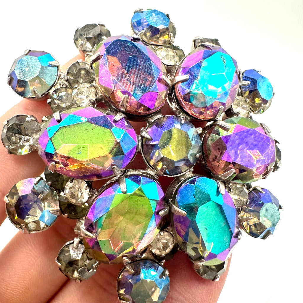 Juliana vintage silver tone aurora borealis AB gray rhinestones headlight brooch