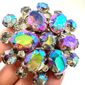 Juliana vintage silver tone aurora borealis AB gray rhinestones headlight brooch