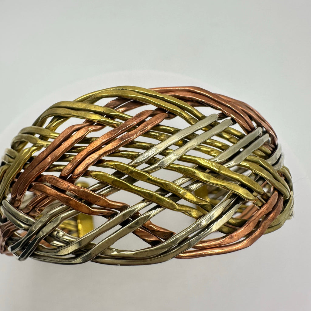 Tibetan vintage tri tone copper bronze silver nickel braided rope cuff bracelet