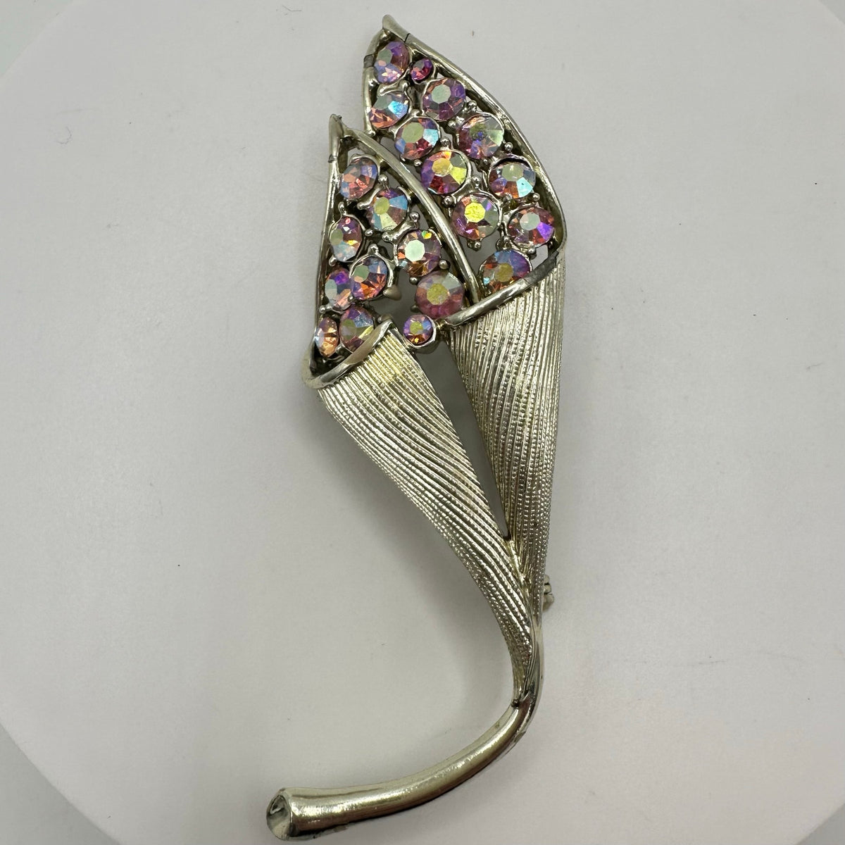 Coro Pegasus vintage gold tone pink aurora borealis AB rhinestones flower brooch
