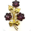 Vintage 1940 gold tone purple rhinestones large flower floral bouquet brooch