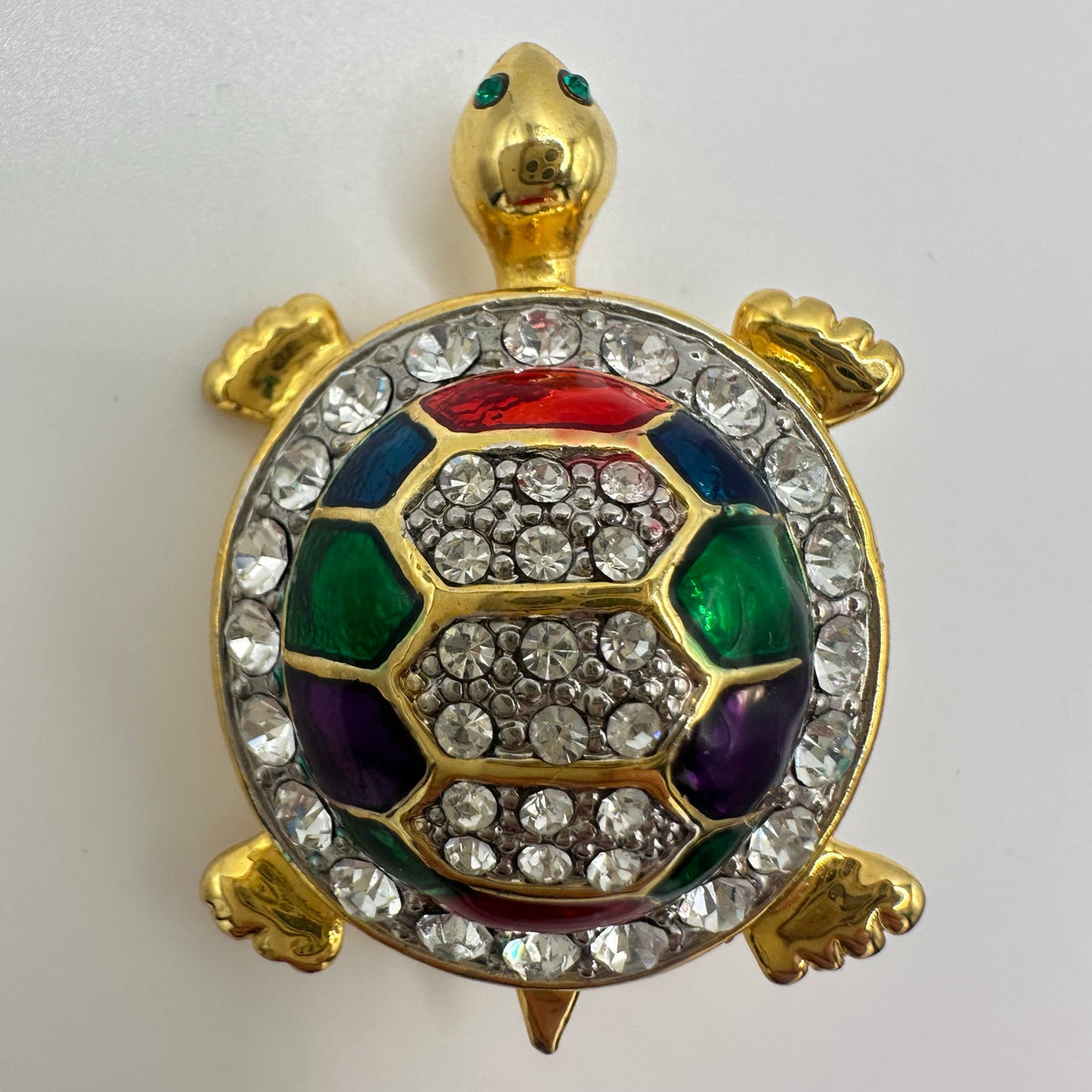 Vintage gold tone clear rhinestones multicolor enamel turtle figural brooch