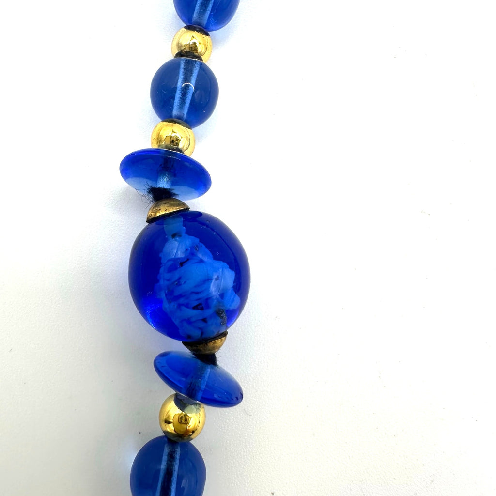 Vintage Art Deco Revival blue glass beads gold tone 21" graduated necklace