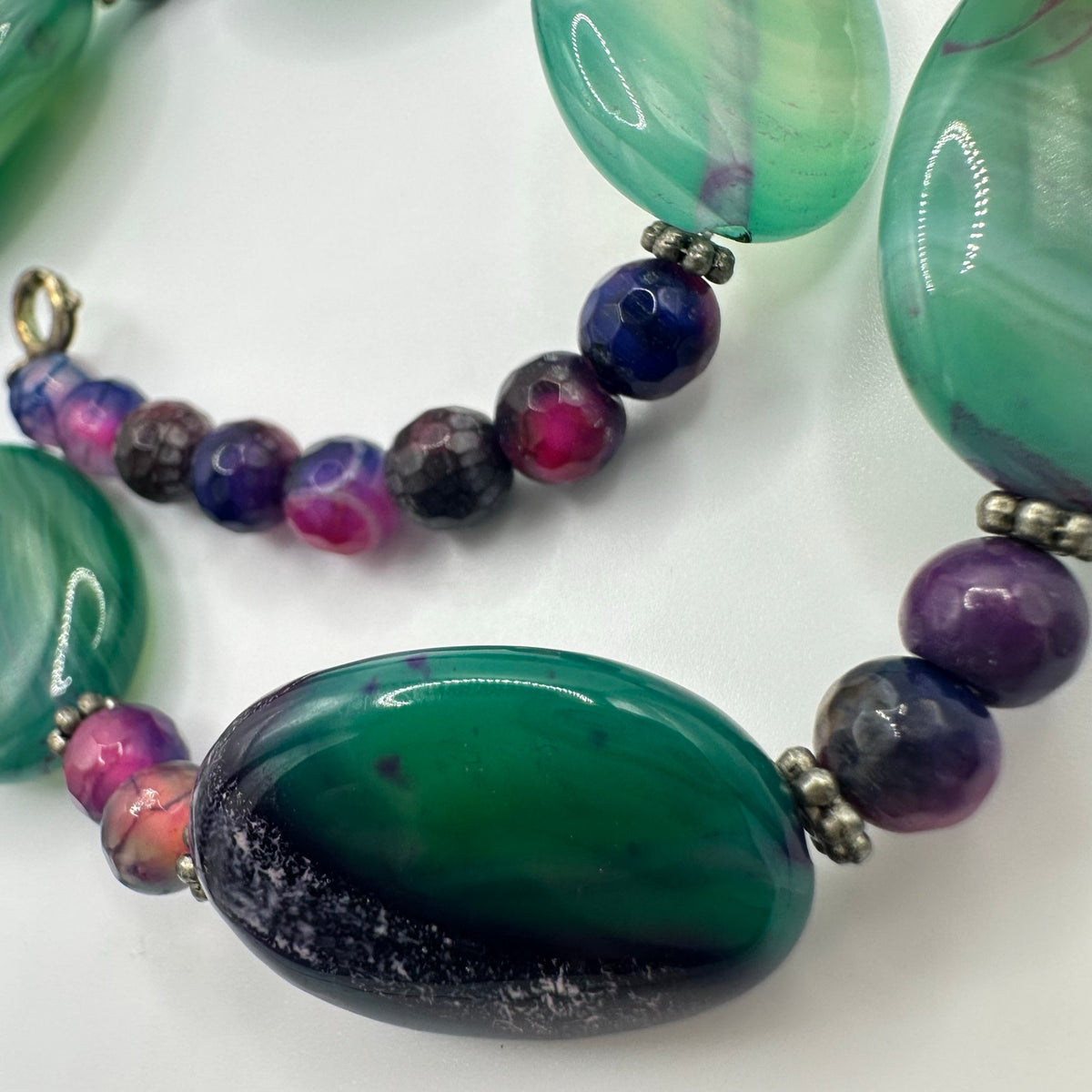 All semiprecious green pink purple dyed banded agate beads beaded necklace