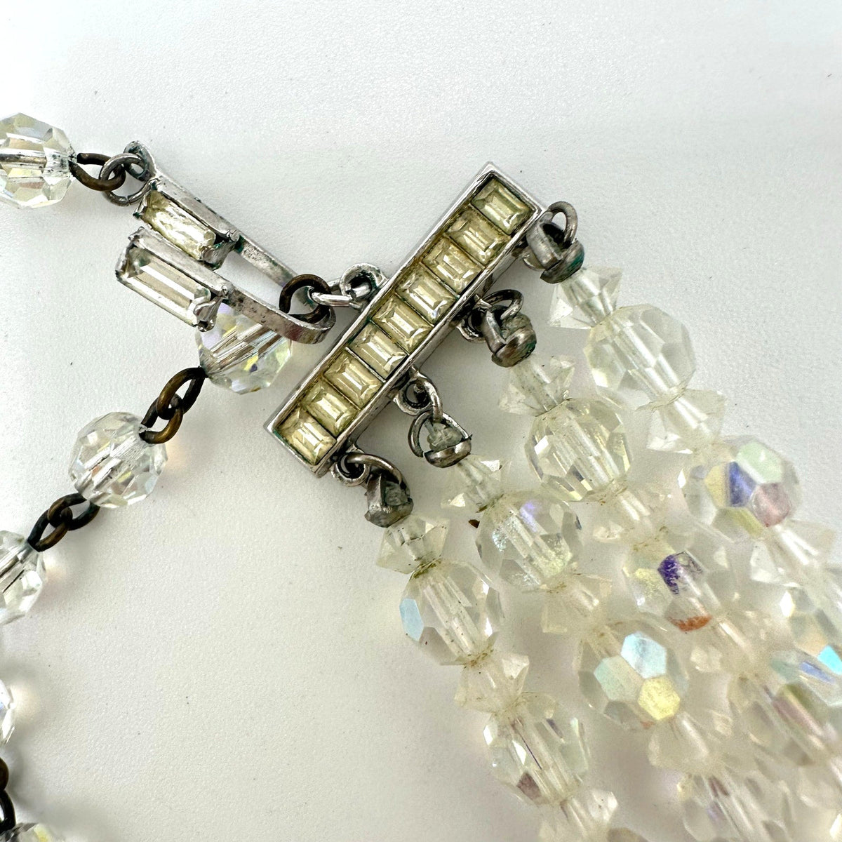 Vintage 4 strand clear AB aurora borealis glass beaded graduated necklace