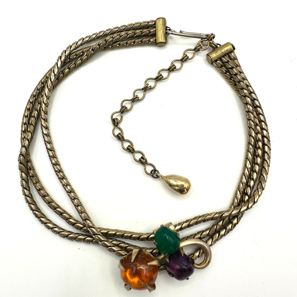 Vintage triple 3 strand gold tone chains multicolor art glass slider necklace