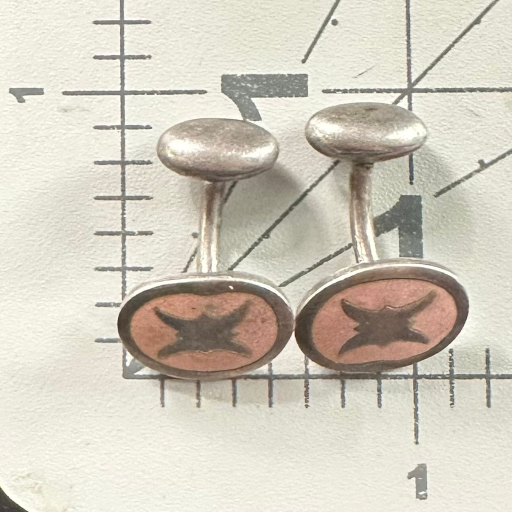 Antique Edwardian sterling silver pink cloisonné enamel bean back cufflinks