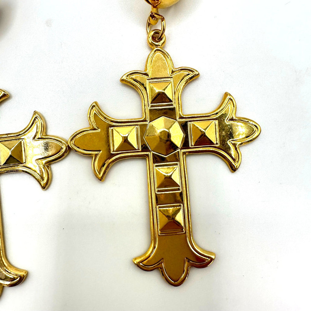 Vintage gold tone dangle drop cross domed post statement earrings 3"