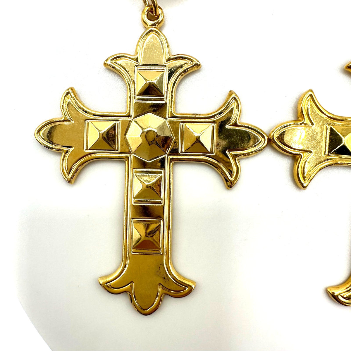 Vintage gold tone dangle drop cross domed post statement earrings 3"