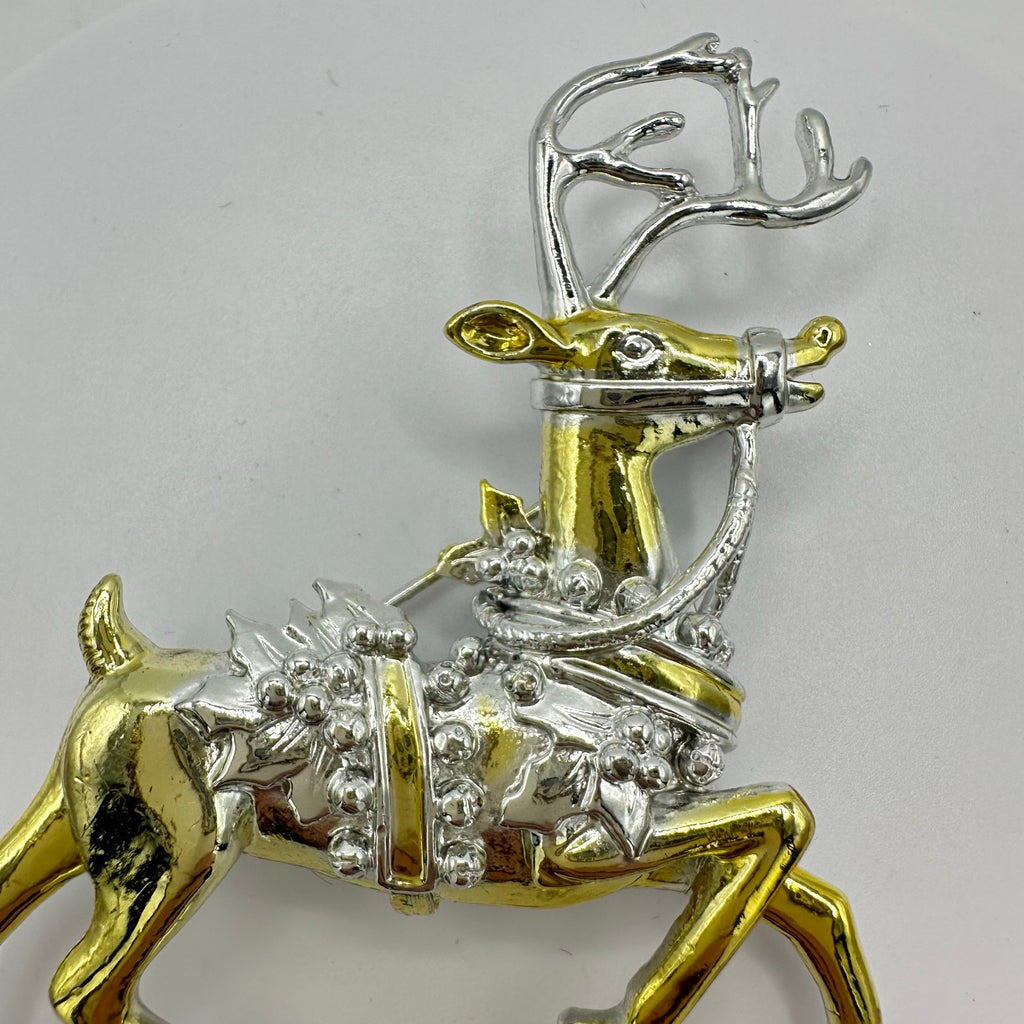 Danecraft vintage silver gold two tone large reindeer animal figural pin brooch