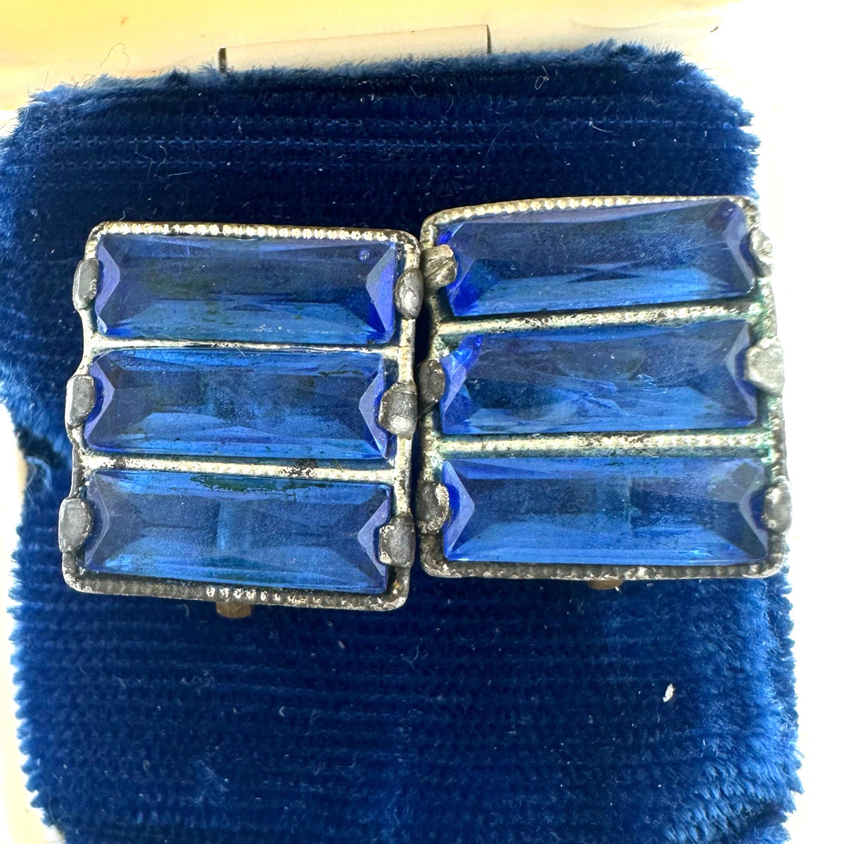 Antique Art Deco blue Vauxhall Czech glass rhinestones brass screw back earrings