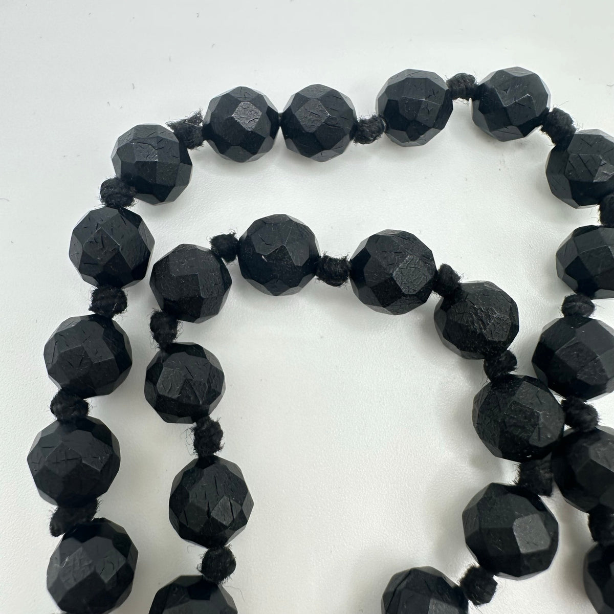Antique Victorian 1800s black faceted vulcanite beaded 58” mourning necklace