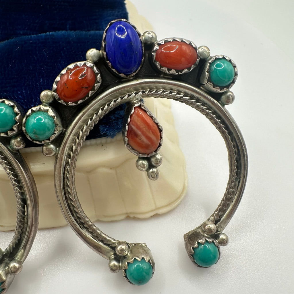 Navajo 925 sterling silver multicolor semiprecious cabochons naja earrings 12.9g