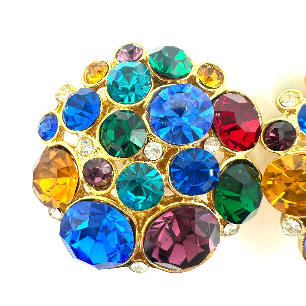 1980s 1990s vintage gold tone multicolor glass rhinestones clip on earrings