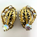 Austria vintage gold tone filigree leaves AB rhinestones clip on earrings