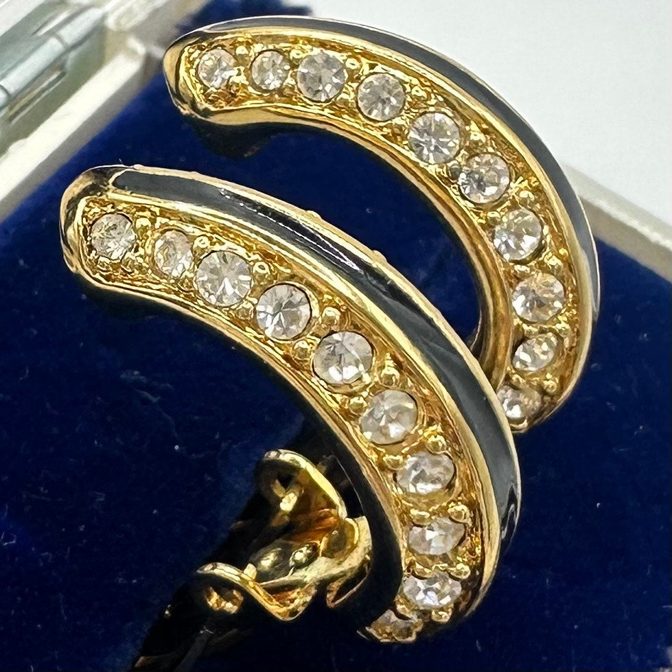 Swarovski Swan vintage gold plated crystals enamel half hoops clip on earrings