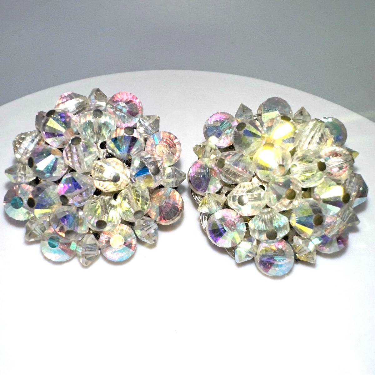 Hobé vintage silver tone aurora borealis glass beaded cluster clip on earrings