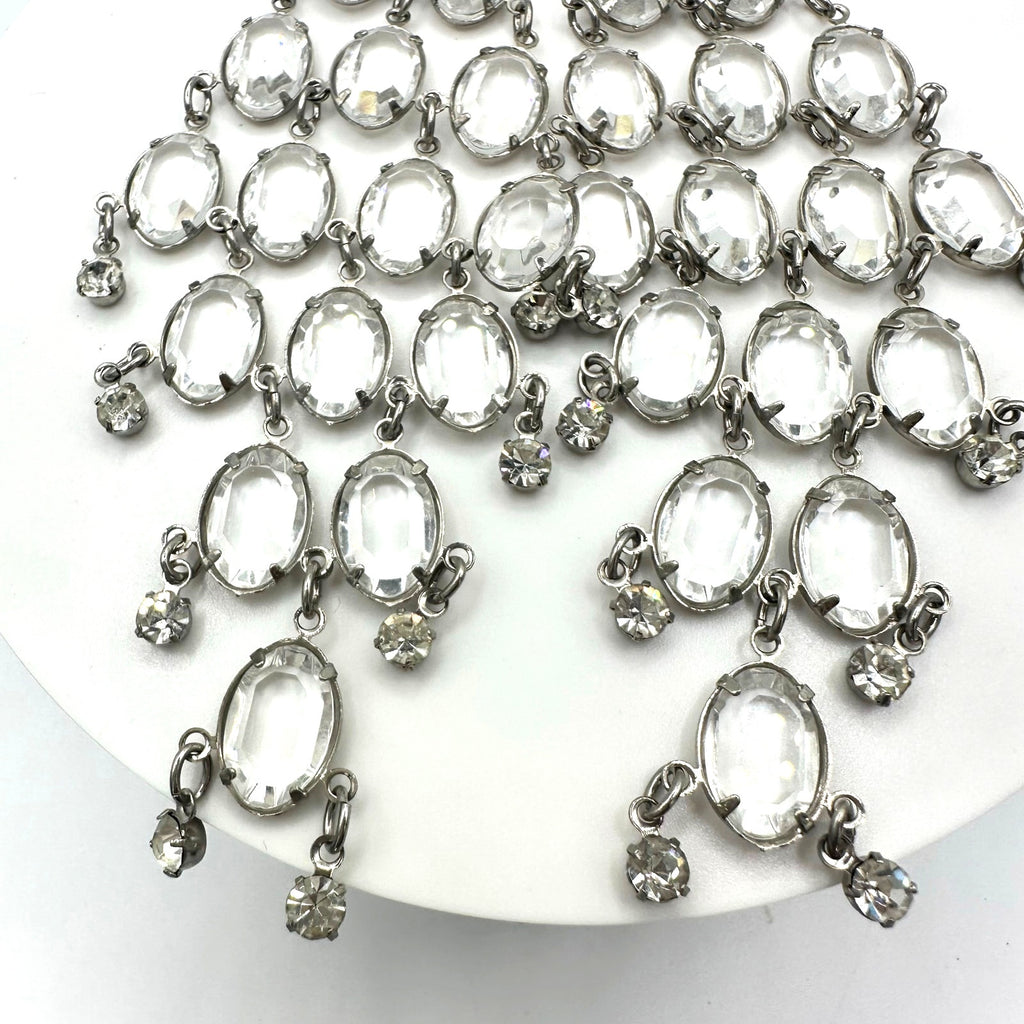 Vintage silver tone clear bezel collet set rhinestones 5" drop post earrings