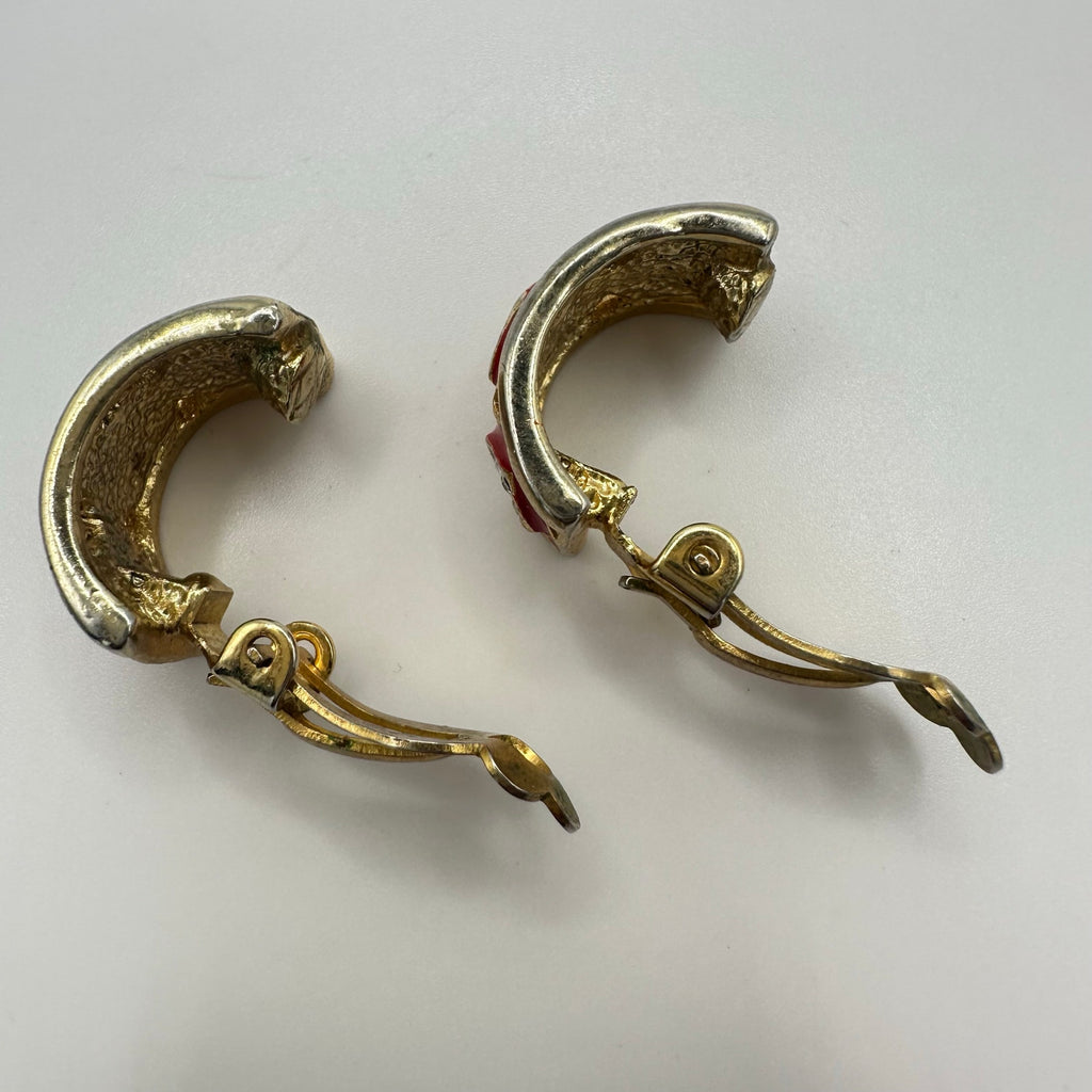 Vintage gold tone clear rhinestones red enamel half hoops clip on earrings
