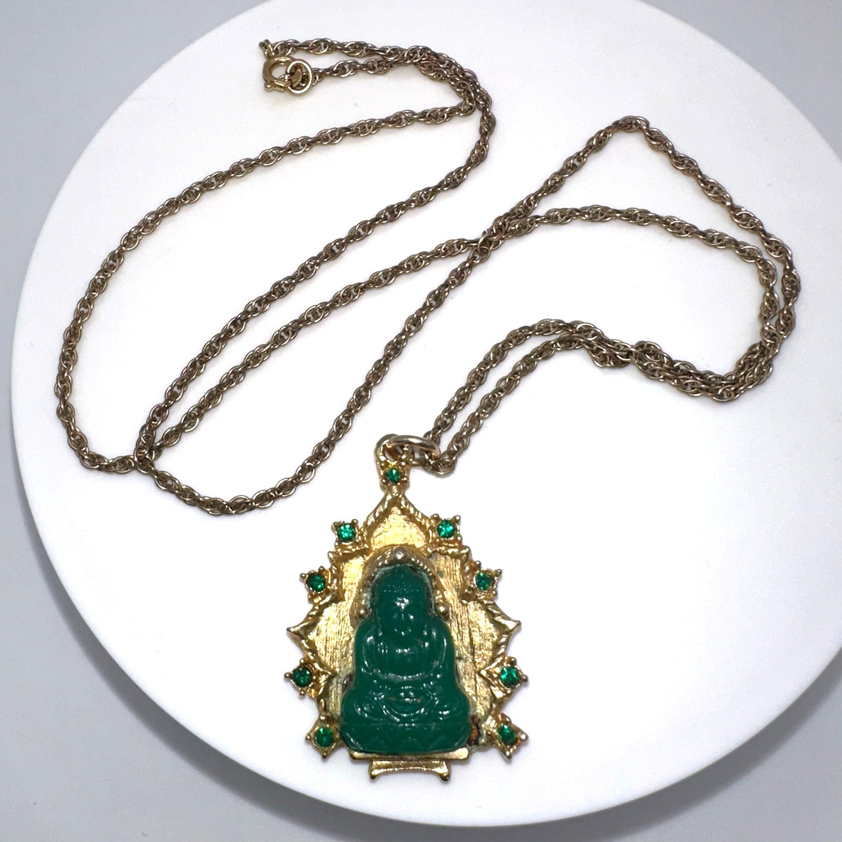 Vintage gold tone green faux jade art glass Buddha pendant 24" chain necklace
