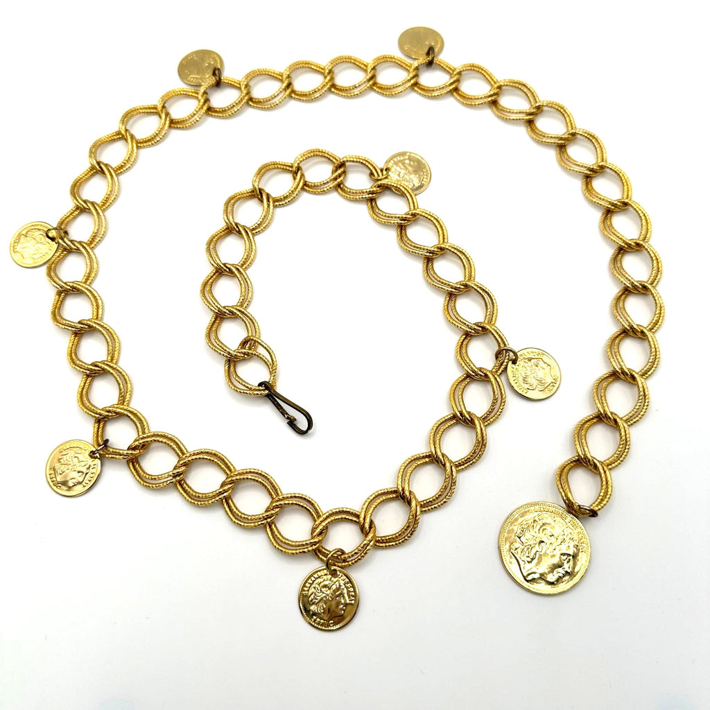 1980s 1990s vintage gold tone Alexander the Great coins adjustable chain belt