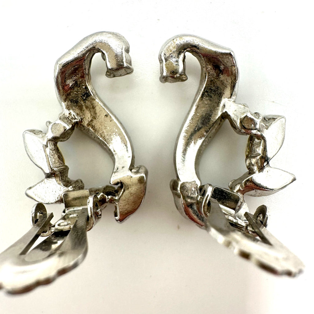 Vintage silver tone AB aurora borealis rhinestones scrolled clip on earrings