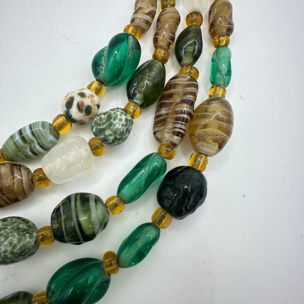 Japan vintage 4 multi strand green tan amber art glass beaded graduated necklace