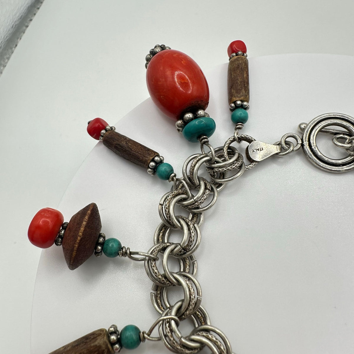 Southwestern 925 sterling silver genuine red coral turquoise charms bracelet