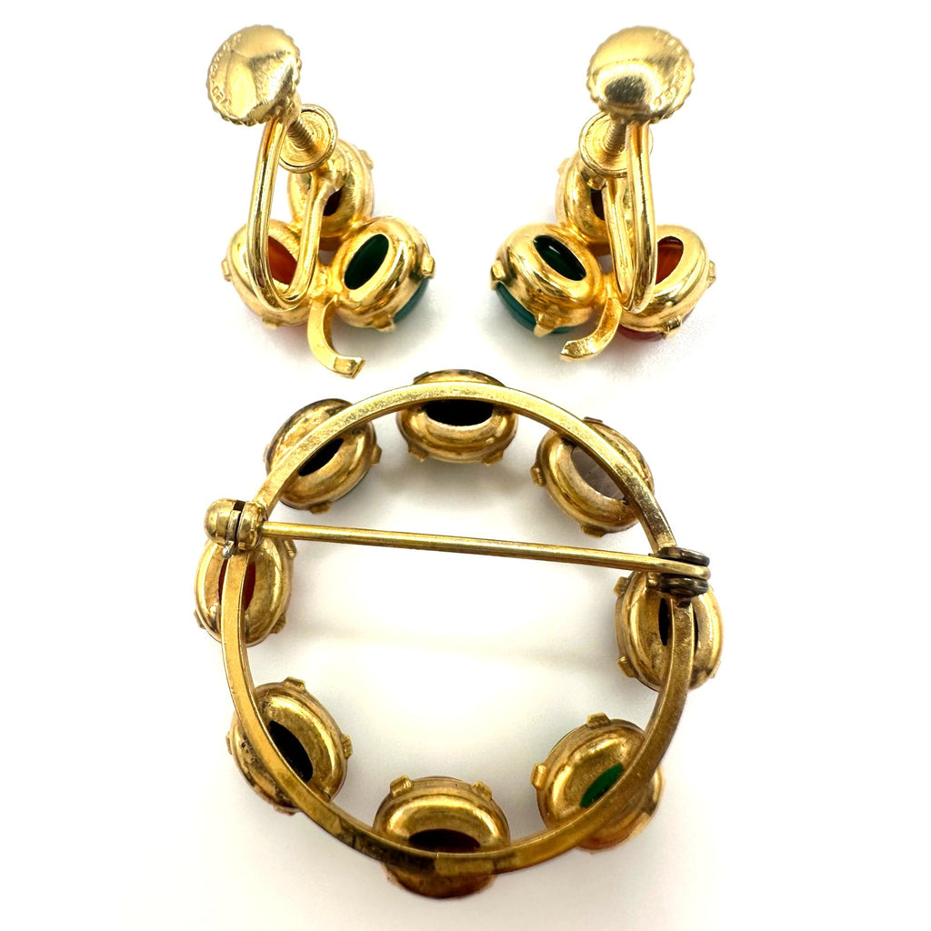 Vintage gold filled semiprecious scarab beetles screw back earrings brooch