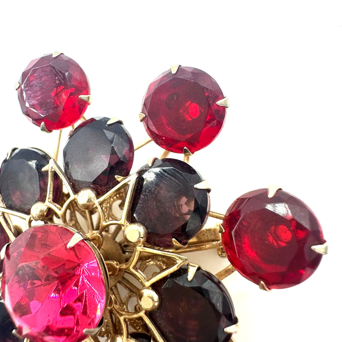 Vintage gold tone red pink purple UV cadmium glass rhinestones large brooch