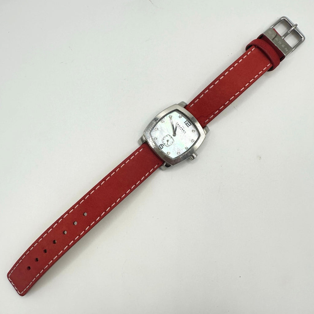 Skagen quartz silver tone mother of pearl rounded square dial red leather watch