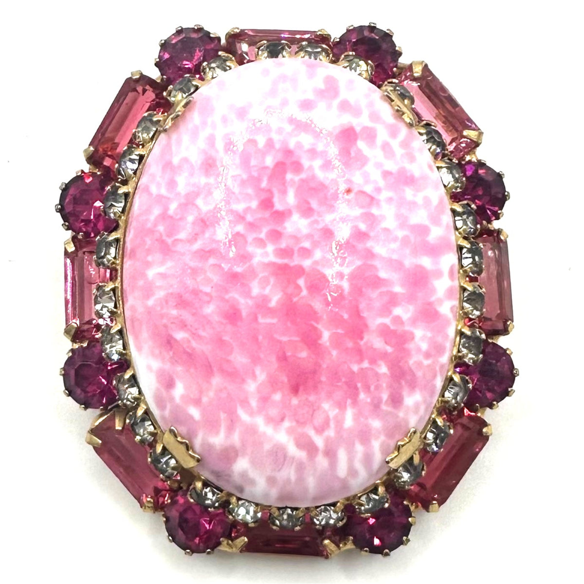 Vintage gold tone oval pink mottled art glass cabochon rhinestones brooch