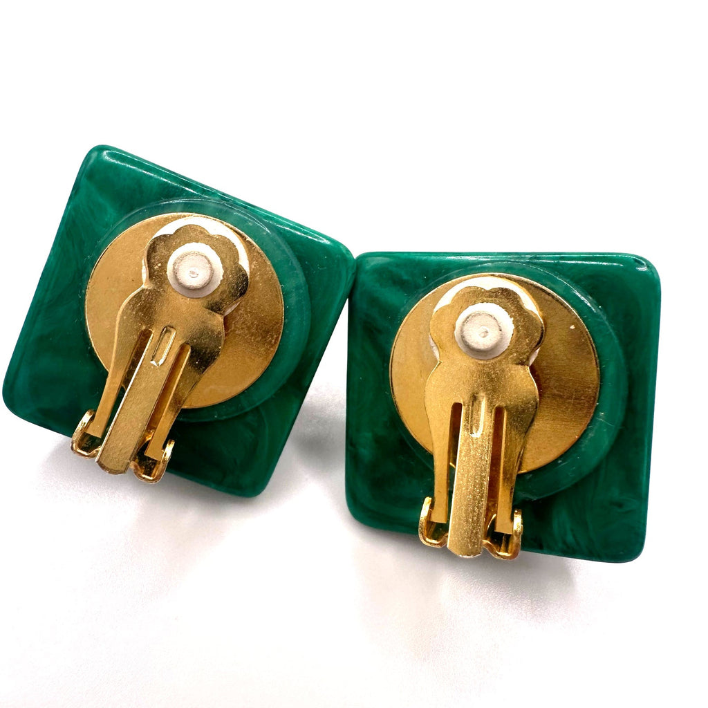 1980s vintage gold tone red black art glass green lucite clip on earrings