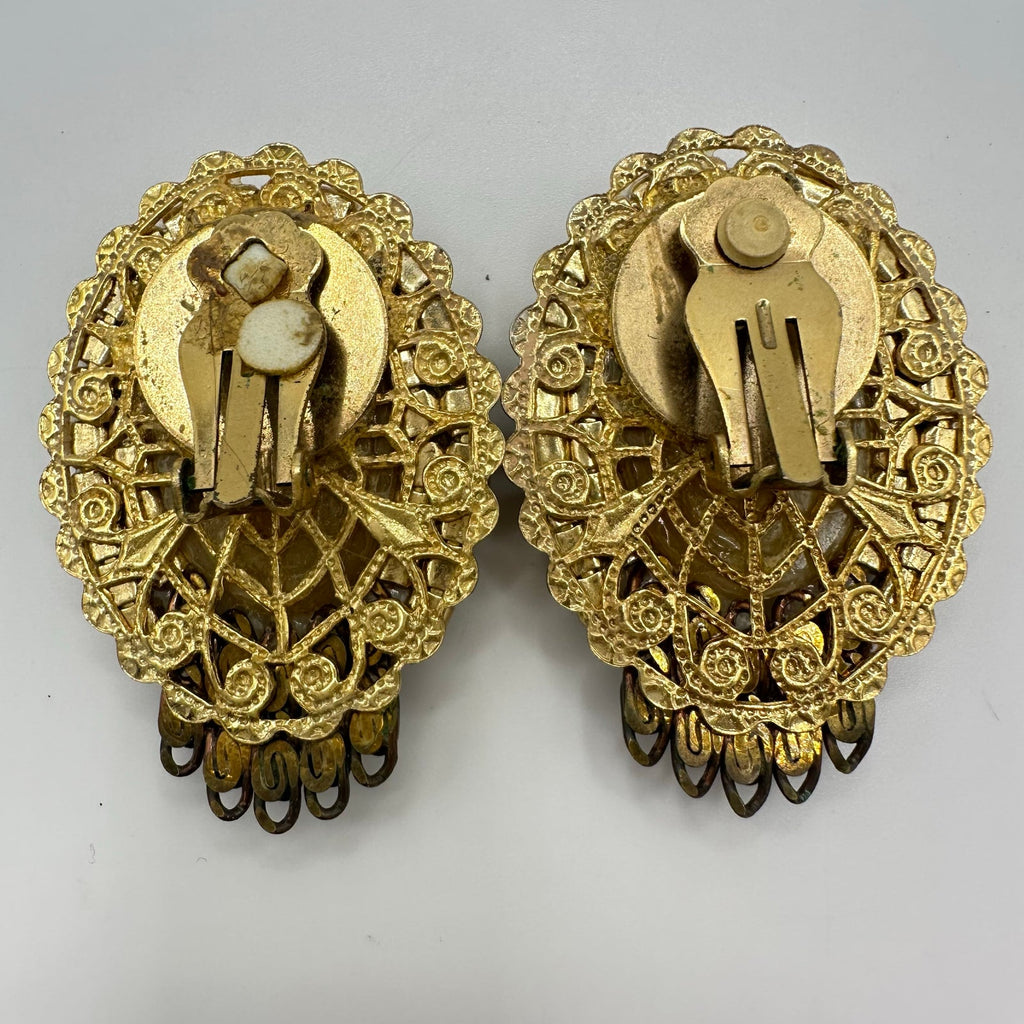 1950s vintage gold tone filigree black rhinestones chalcedony clip on earrings
