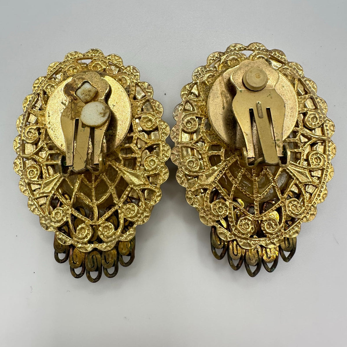 1950s vintage gold tone filigree black rhinestones chalcedony clip on earrings